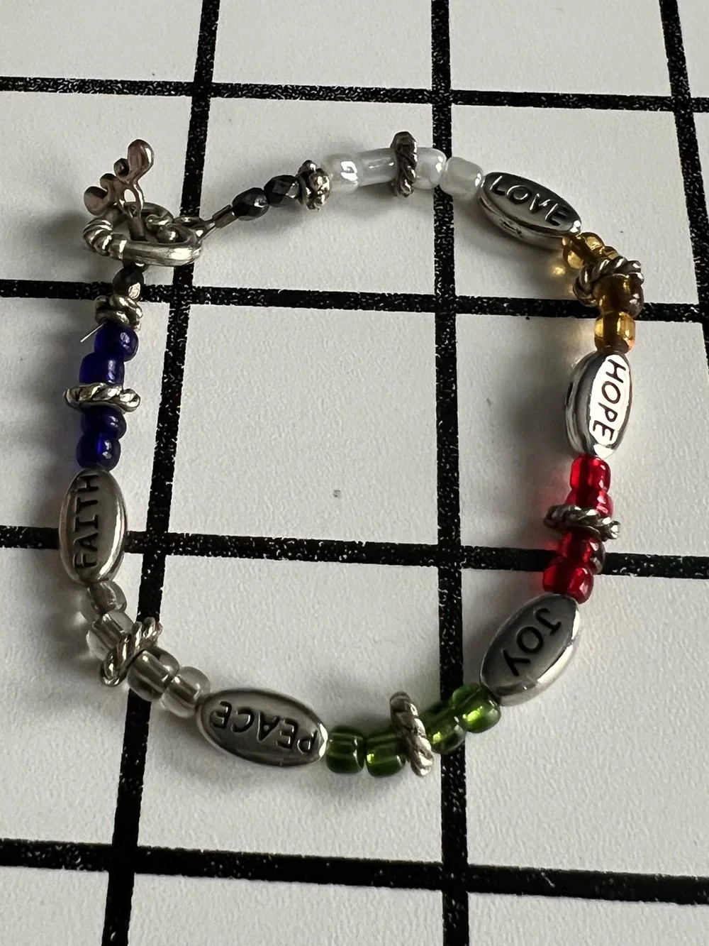 Vintage Faith Hope Love Peace Joy Word Charm Bracelet Silvertone Rainbow